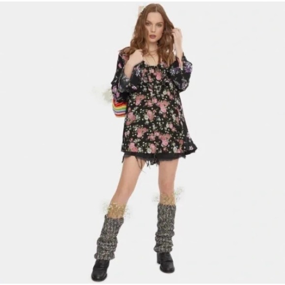 Free People Loretta Floral Print Tunic Shirt Women Size Small Ruffle Black Pink - Picture 9 of 9